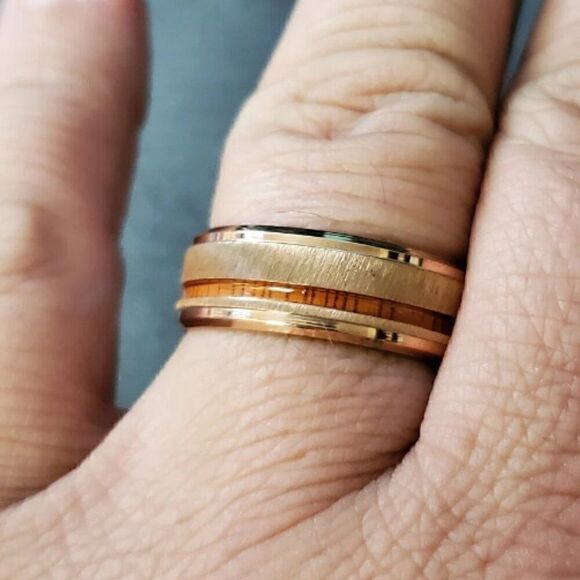 Men's Promise Ring Surgical Steel With Rose Gold Coating and Wood inlay - Picture 2 of 7